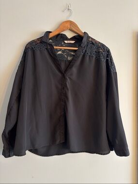 Darling Black Lace-Detail Button-Down Blouse